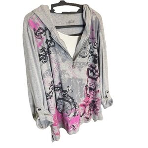 Style & Co Spirit Women's Hoodie 2X Gray 1/4 Zip Floral Roll Tab Sleeve pin hole